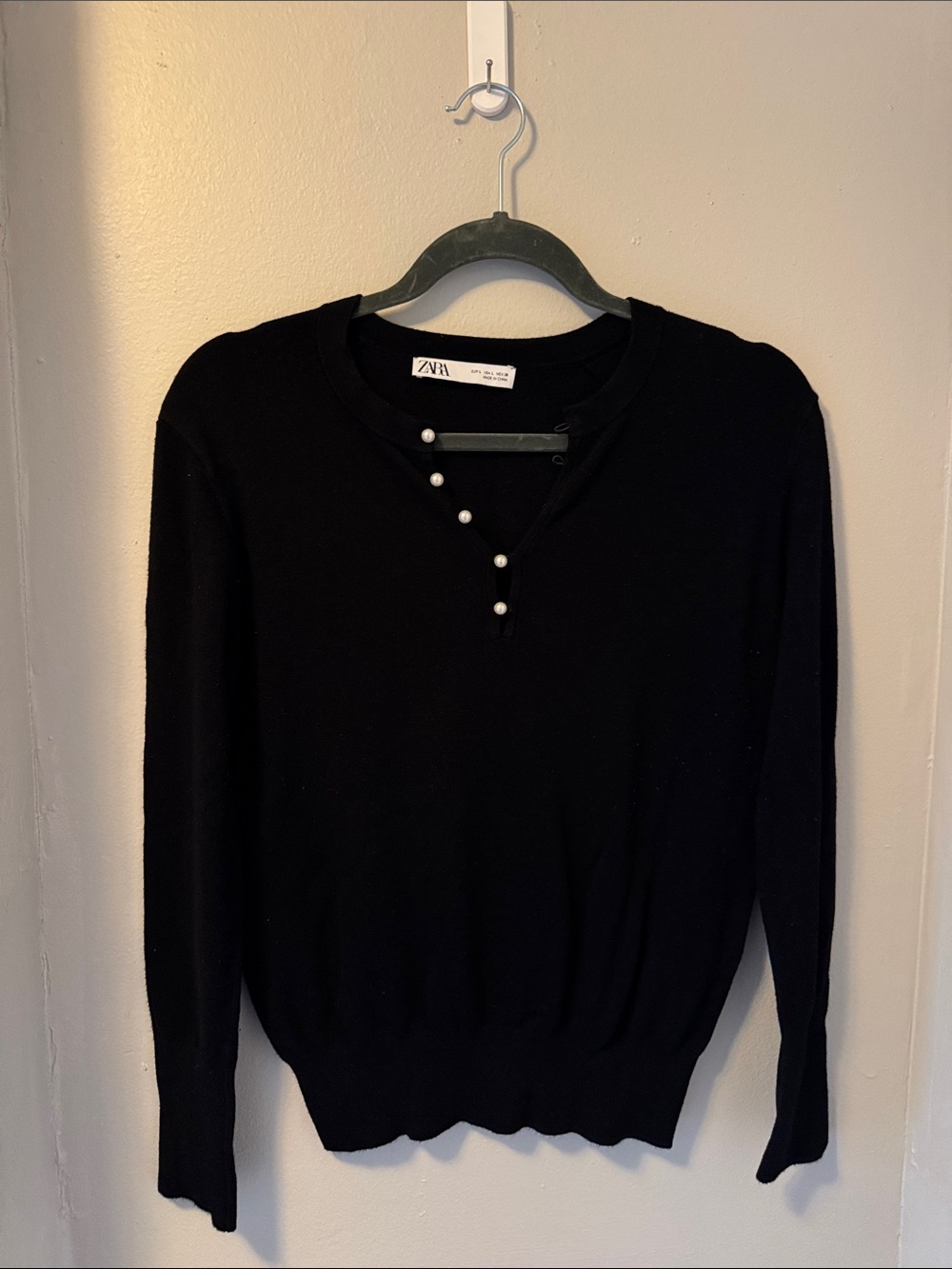 Zara Black Lightweight Sweater with Pearl Buttons